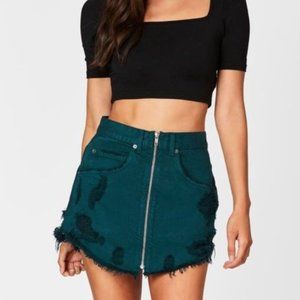 LF CARMAR Beatrice Zip Front Destroyed Denim Skirt in Bottle Green, 27